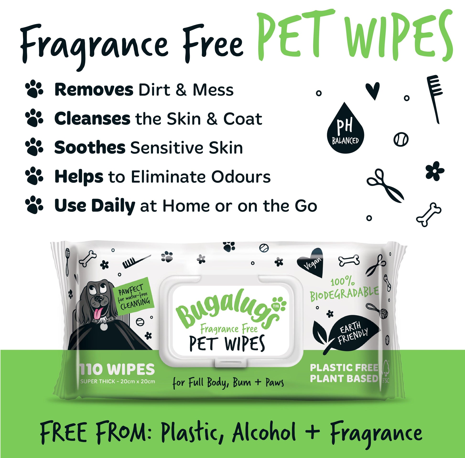 Bugalugs Fragrance Free Biodegradable Dog Wipes - Happipaws Ltd