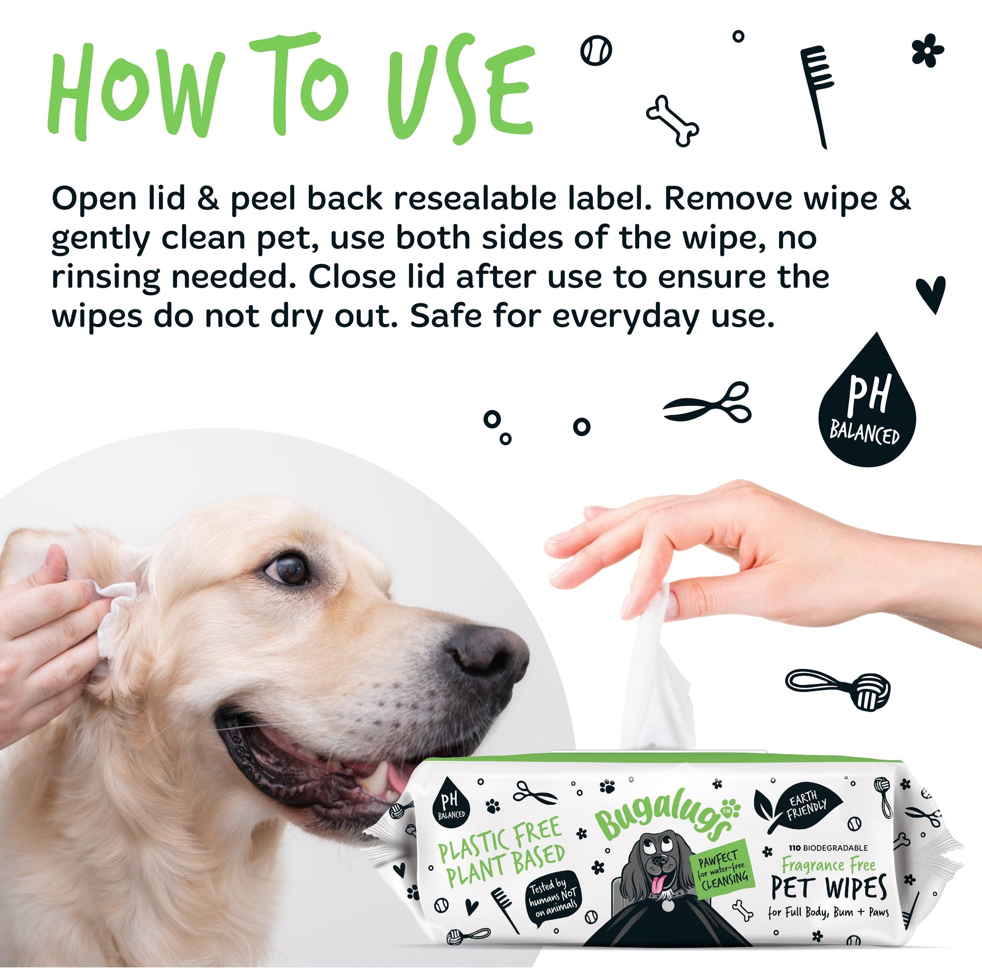 Bugalugs Fragrance Free Biodegradable Dog Wipes - Happipaws Ltd