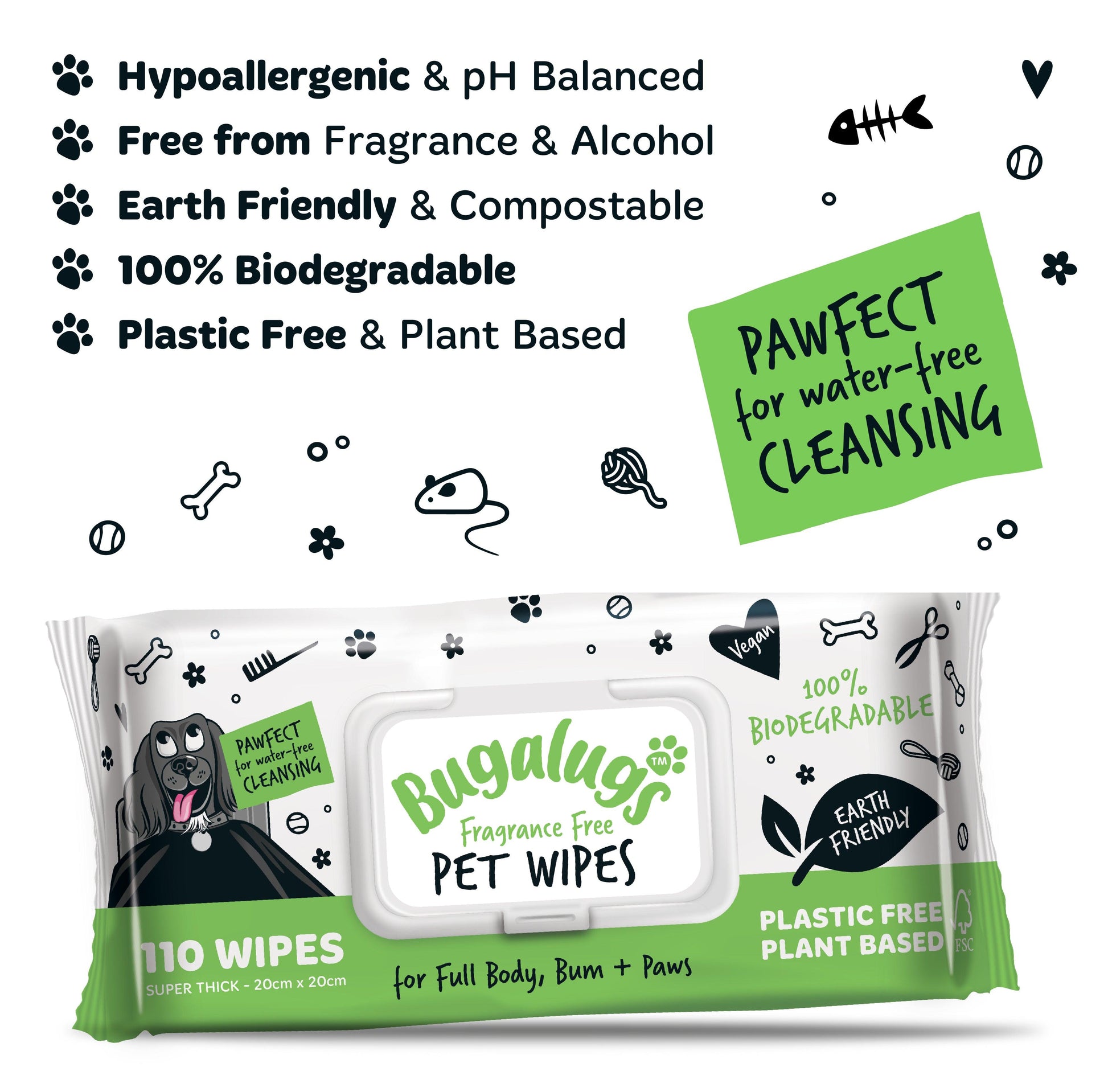 Bugalugs Fragrance Free Biodegradable Dog Wipes - Happipaws Ltd