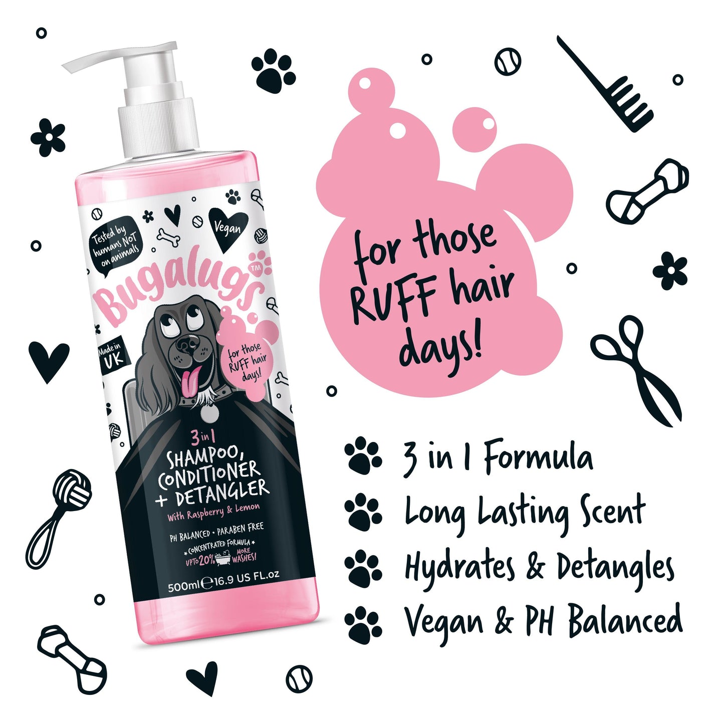 Bugalugs 3 in 1 (Raspberry + Lemon) Conditioning + Detangling Dog Shampoo - Happipaws Ltd