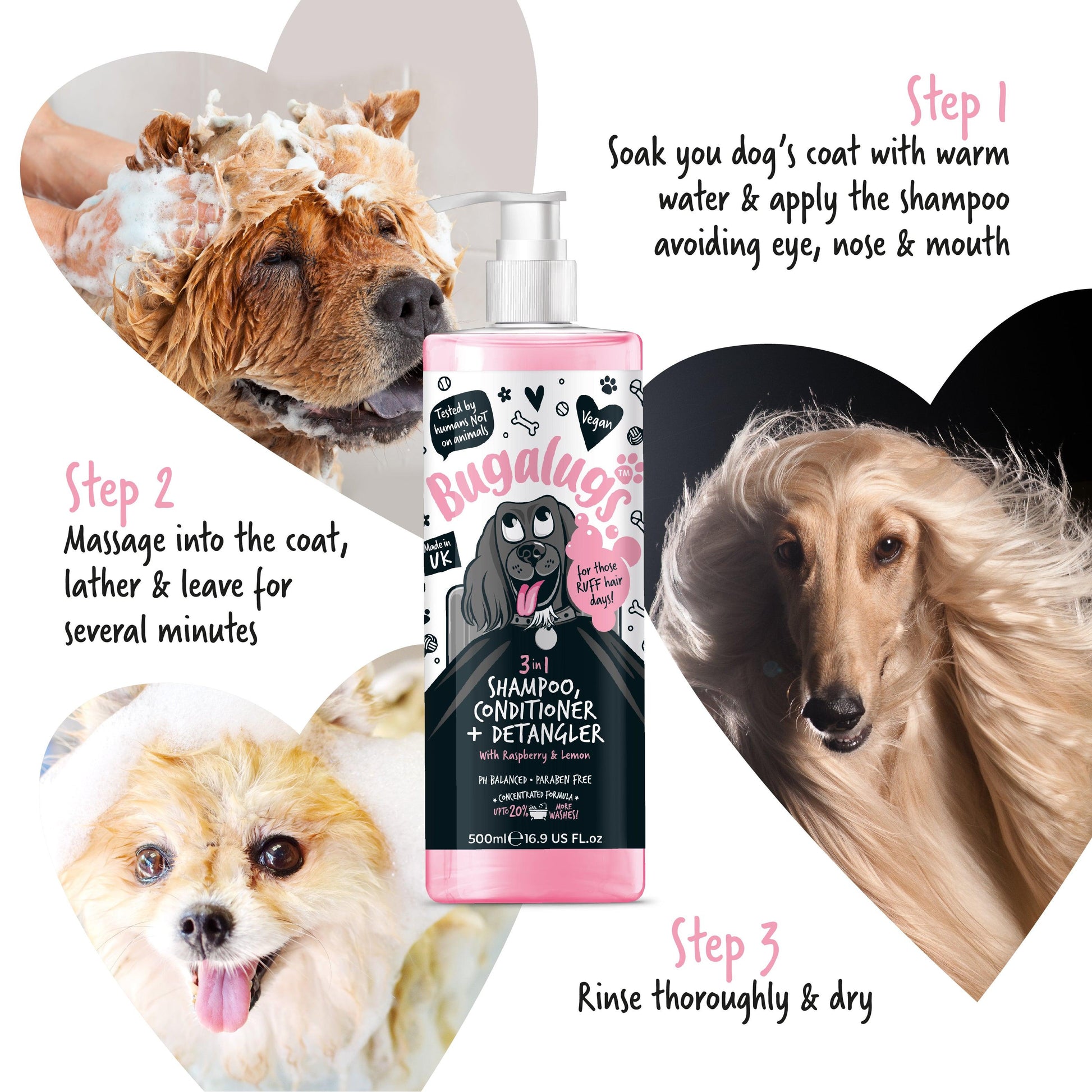 Bugalugs 3 in 1 (Raspberry + Lemon) Conditioning + Detangling Dog Shampoo - Happipaws Ltd