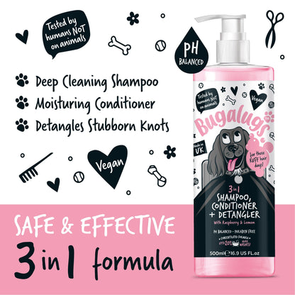 Bugalugs 3 in 1 (Raspberry + Lemon) Conditioning + Detangling Dog Shampoo - Happipaws Ltd