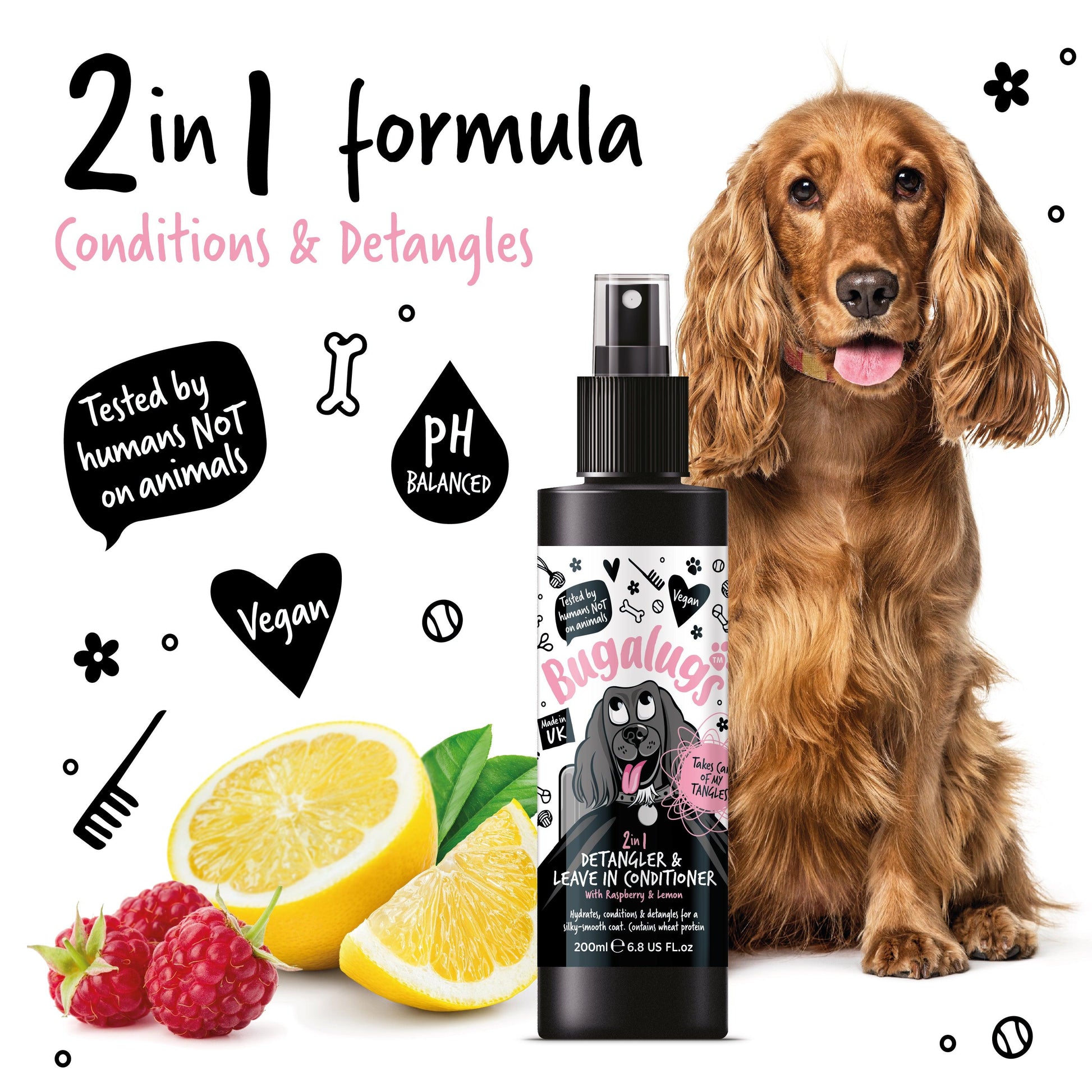 Bugalugs 2 in 1 (Raspberry & Lemon) Detangling + Conditioning Dog Spray - Happipaws Ltd